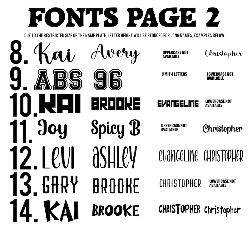 Op de afbeelding: Een zwart-wit afbeelding met lettertypen voor naamplaten. De tekst "FONTS PAGE 2" staat bovenaan, met voorbeelden van lettertypen zoals Kai, Avery en ABS. Opmerkingen geven beperkingen aan voor de beschikbaarheid van hoofdletters en kleine letters.