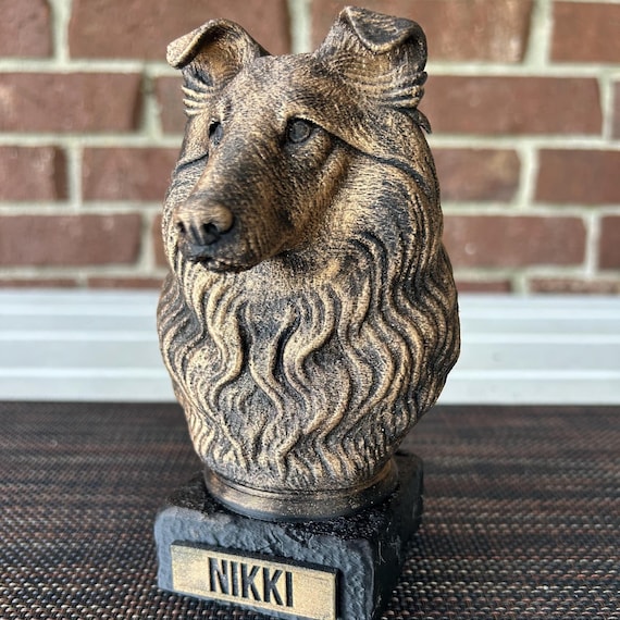 Hand-painted custom dog statue with a personalised name plate