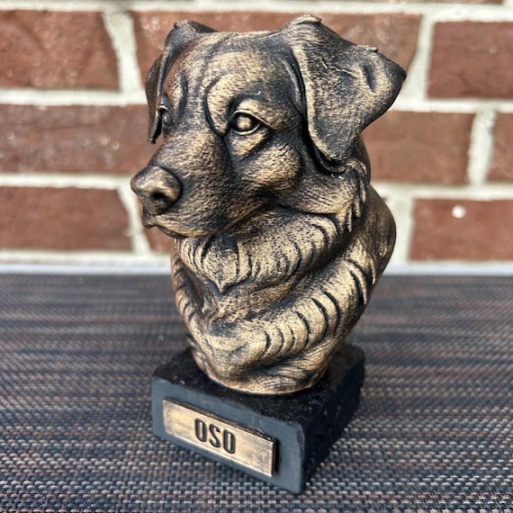 Hand-painted custom dog statue with a personalised name plate