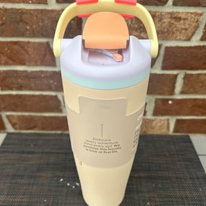 Op de afbeelding: Een pastelkleurige waterfles met een handvat en een klapdeksel. De fles is voornamelijk cr&egrave;mekleurig met een lichtblauwe band, een perzikkleurig deksel en een gele handgreep met rode accenten. De tekst op de fles luidt "Embrace every adventure (and every sip)."