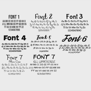 May include: A graphic showcasing seven different font styles, each labeled with a number. Each font displays the alphabet in uppercase and lowercase, along with the numbers 1 through 0. The fonts vary in style, from simple to cursive.