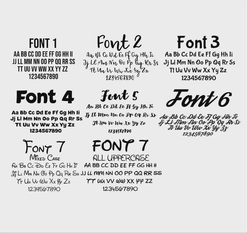 May include: A graphic showcasing seven different font styles, each labeled with a number. Each font displays the alphabet in uppercase and lowercase, along with the numbers 1 through 0. The fonts vary in style, from simple to cursive.