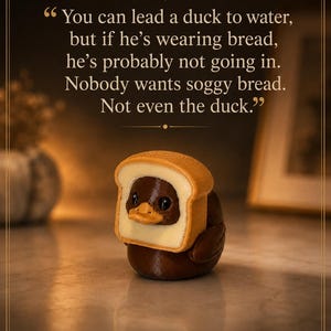 May include: A brown duck figurine wearing a slice of white bread with a golden-brown crust around its face. The text reads: You can lead a duck to water, but if he's wearing bread, he's probably not going in. Nobody wants soggy bread. Not even the duck. DIGNITY IS DRY. PRINCIPLES, TOASTED.