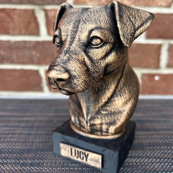 Hand-painted custom dog statue with a personalised name plate