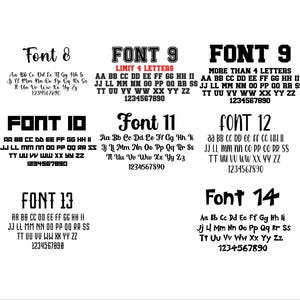 May include: A white background displays 14 different font styles, each labeled with a number. Each font is shown with the alphabet and numbers 1-0. Font 9 has two variations, one with a limit of 4 letters and the other with more than 4 letters.