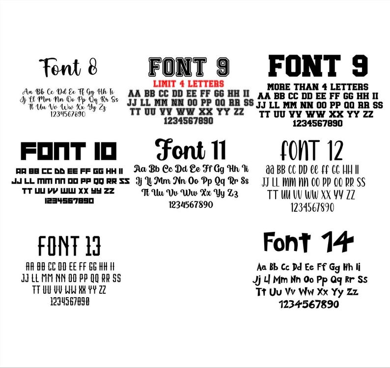 May include: A white background displays 14 different font styles, each labeled with a number. Each font is shown with the alphabet and numbers 1-0. Font 9 has two variations, one with a limit of 4 letters and the other with more than 4 letters.