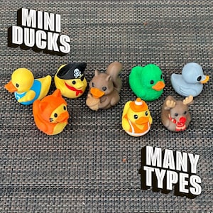 May include: A collection of miniature rubber ducks in various designs, including a pirate, a squirrel, and a reindeer. The ducks are in bright colors like yellow, green, and blue. Text on the image reads "MINI DUCKS" and "MANY TYPES".