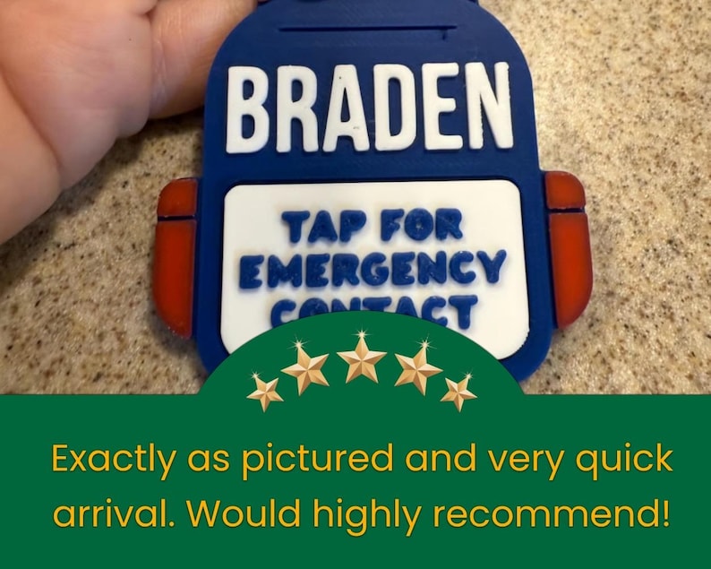 May include: A blue backpack-shaped tag with the name "BRADEN" in white block letters. Below, it reads "TAP FOR EMERGENCY CONTACT." Red accents and gold star graphics are also visible.