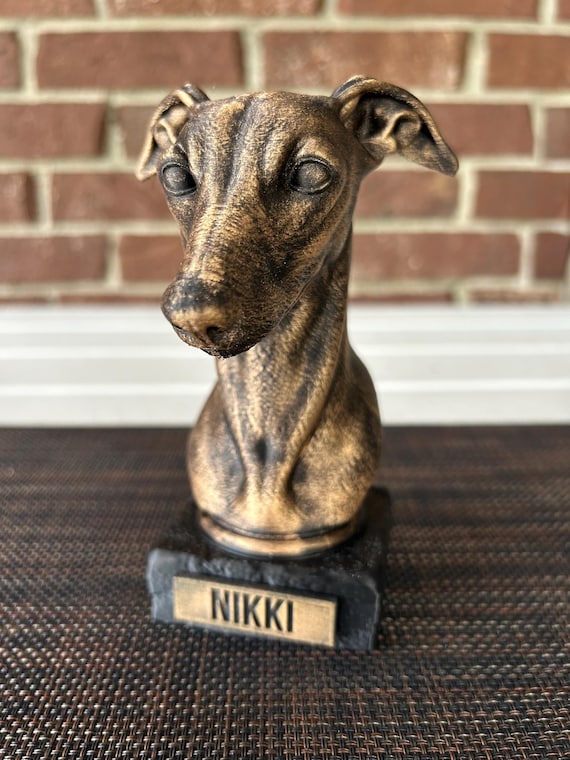 Hand-painted custom dog statue with a personalised name plate