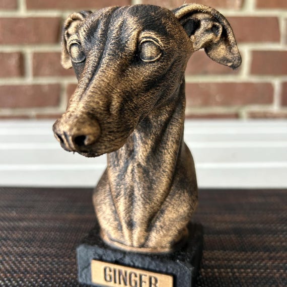 Hand-painted custom dog statue with a personalised name plate