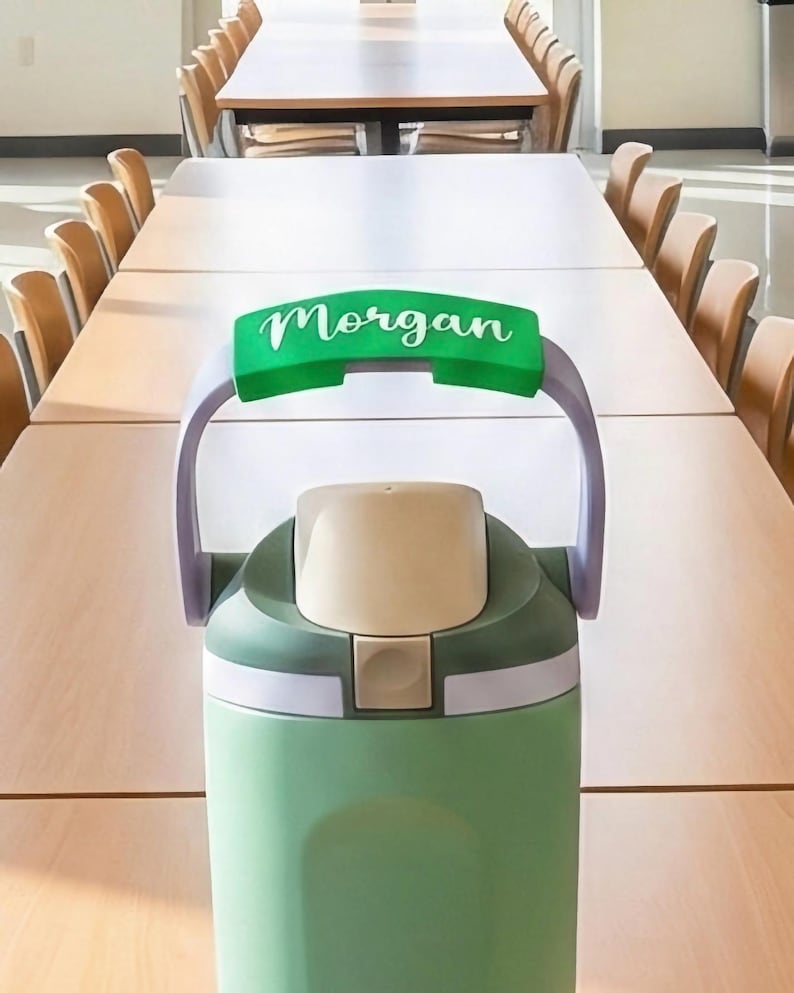 Op de afbeelding: Een groene en witte ge&iuml;soleerde waterfles met een paarse handgreep en een beige bovenkant. De naam "Morgan" is in witte letters gedrukt op een groene band over de handgreep. De fles bevat ongeveer 700 ml.
