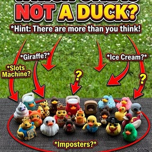 May include: A collection of small, colorful rubber duck-shaped figurines, including various characters like a giraffe, a slot machine, and ice cream. The image features the text "WHICH ONE IS NOT A DUCK?" and "*Hint: There are more than you think!"