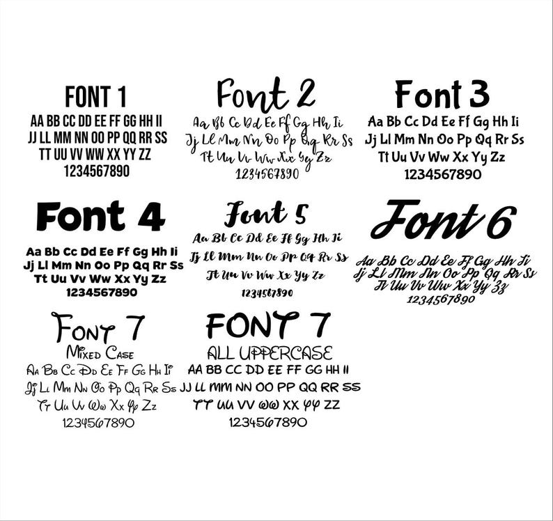 Op de afbeelding: Op een witte achtergrond worden zeven verschillende lettertypen weergegeven, elk gemarkeerd met "FONT" en een nummer. Elk lettertype toont het alfabet in hoofdletters en kleine letters, samen met cijfers. De lettertypen vari&euml;ren in stijl, van vetgedrukt tot cursief.