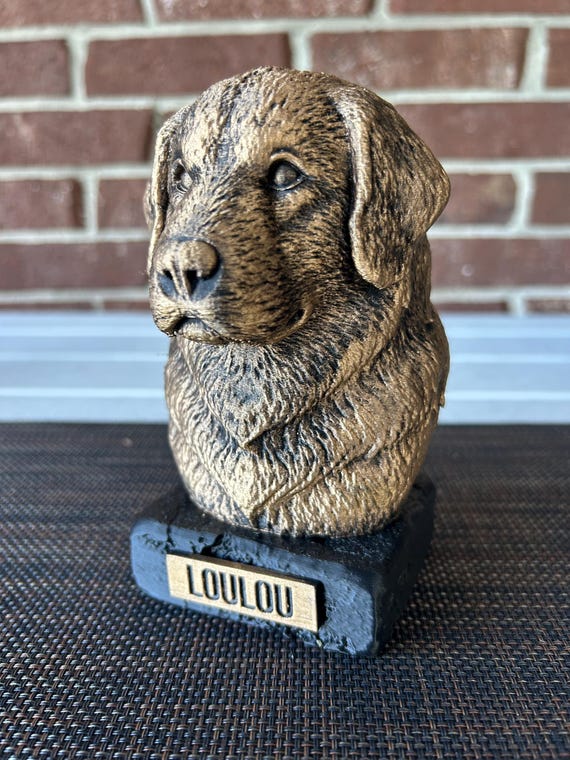 Hand-painted custom dog statue with a personalised name plate