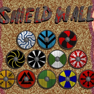 May include: A collection of 10 round shields with various designs, including a spiral, a snowflake, a cross, and a triangle. The shields are arranged in a circle on a brown background with the text "SHIELD WALL" at the top.