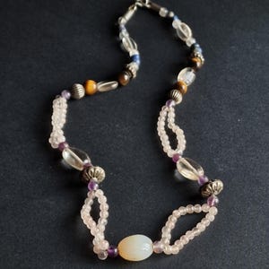 Rose Quartz Quartz  Tiger Eye Multi-Stone Beaded Necklace - Handmade Elegant Accessory in Gift Box