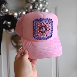 Light Pink Trucker Hat with Crochet Granny Square