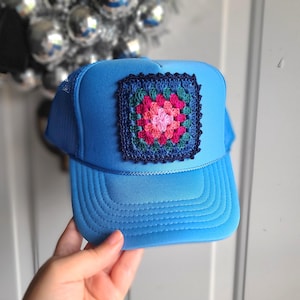 Blue Trucker Hat with Crochet Granny Square
