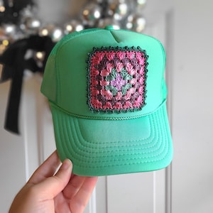 Green Trucker Hat with Crochet Granny Square