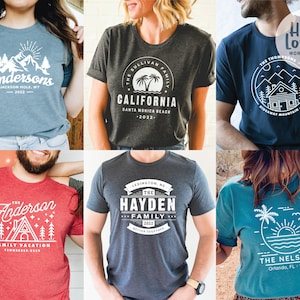 May include: Six different t-shirt designs featuring a variety of nature-inspired graphics, including mountains, palm trees, and a cabin. The shirts are all in different colors, including blue, red, gray, and teal. The text on the shirts includes the names "Anderson", "Sullivan", "Hayden", "Thompson", "Nelson", and "California".