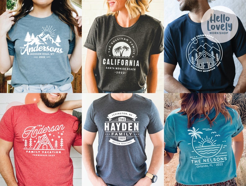 May include: Six different t-shirt designs featuring a variety of nature-inspired graphics, including mountains, palm trees, and a cabin. The shirts are all in different colors, including blue, red, gray, and teal. The text on the shirts includes the names "Anderson", "Sullivan", "Hayden", "Thompson", "Nelson", and "California".