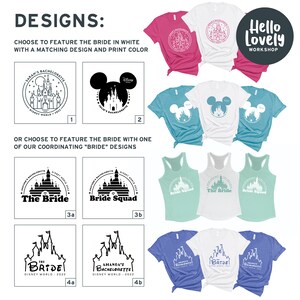 May include: A set of 10 different designs for a bachelorette party. The designs feature a black and white outline of Cinderella's castle with text that says "The Bride", "Bride Squad", "Sarah's Bachelorette", "Amanda's Bachelorette", and "Disney World 2022".