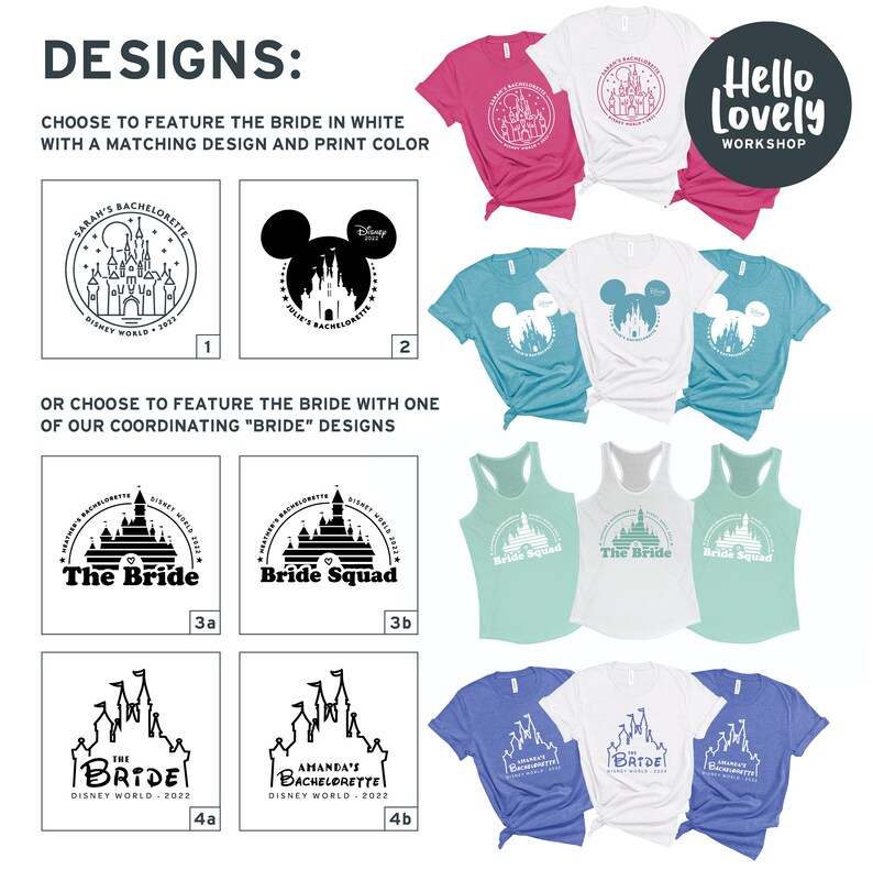 May include: A set of 10 different designs for a bachelorette party. The designs feature a black and white outline of Cinderella's castle with text that says "The Bride", "Bride Squad", "Sarah's Bachelorette", "Amanda's Bachelorette", and "Disney World 2022".