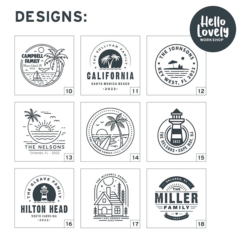 May include: A set of 18 black and white logo designs for families. The logos feature various illustrations, including palm trees, lighthouses, houses, and boats. Each logo includes the family name, location, and year.