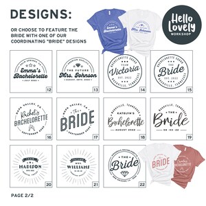 May include: A collection of 22 different designs for bachelorette party shirts. The designs feature various text and graphics, including the bride's name, the date of the party, and the location. The designs are in black and white, and some feature a diamond graphic. The designs are displayed on a white background.