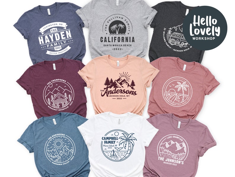 May include: Ten different t-shirt designs featuring a variety of family reunion themes. Each design includes a circle with a unique graphic and text that includes the family name, location, and year. The designs are printed on different colored t-shirts, including heather grey, navy blue, maroon, peach, and pink.