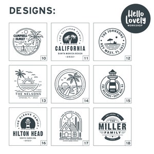 May include: A set of 18 black and white logo designs for families. The logos feature various illustrations, including palm trees, lighthouses, houses, and boats. Each logo includes the family name, location, and year.