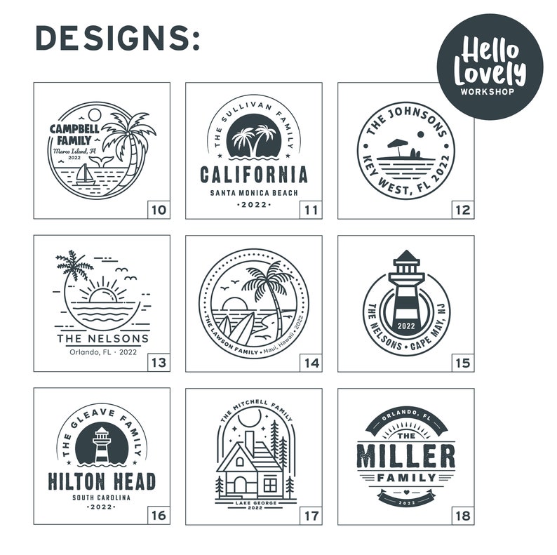May include: A set of 18 black and white logo designs for families. The logos feature various illustrations, including palm trees, lighthouses, houses, and boats. Each logo includes the family name, location, and year.