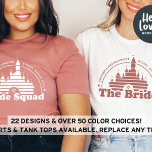 May include: Two pink and white t-shirts with a graphic of Cinderella's castle. The text on the shirts reads "Heather's Bachelorette Disney World 2022" and "Bride Squad" on one shirt and "Heather's Bachelorette Disney World 2022" and "The Bride" on the other shirt.