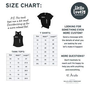May include: Size chart for tank tops and t-shirts. The chart shows the width and length measurements in inches for each size, from XS to 3XL. The tank tops run a bit small, so consider sizing up for a more relaxed fit.