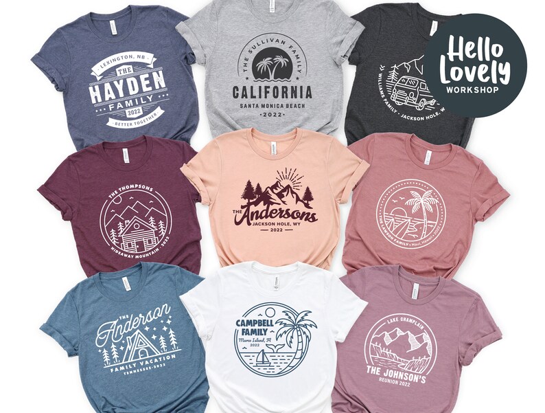 May include: A set of ten t-shirts with various designs featuring family vacation themes. The designs include a cabin in the mountains, a palm tree on a beach, a camper van, and a mountain range. The t-shirts are in various colors, including gray, blue, maroon, and pink.