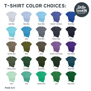 Peut inclure: Un tableau pr&eacute;sentant 20 couleurs de t-shirts diff&eacute;rentes. Les couleurs sont dispos&eacute;es en lignes et en colonnes. Les couleurs incluent le bleu clair, le bleu b&eacute;b&eacute;, le bleu oc&eacute;an, le bleu royal chin&eacute;, le bleu royal, la turquoise, l'aqua, le bleu acier, le bleu marine chin&eacute;, le bleu marine, l'olive chin&eacute;, l'olive, l'arm&eacute;e, le violet chin&eacute;, le violet d'&eacute;quipe, le vert militaire, le vert &eacute;meraude, l'olive fonc&eacute;, le for&ecirc;t, le bleu sarcelle fonc&eacute;, la menthe, le turquoise, le vert chin&eacute;, le feuille et le vert kelly. Le tableau est intitul&eacute; "Choix de couleurs de t-shirts : Hello Lovely Workshop".