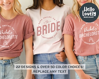 May include: Three pink and white t-shirts with a circle design featuring the text "The Bride", "Rachel's Bachelorette", and "Rachel's Bachelorette". The text is in a white font with a pink outline. The shirts are worn by three women. The text "Hello Lovely Workshop" is visible in the top right corner of the image.