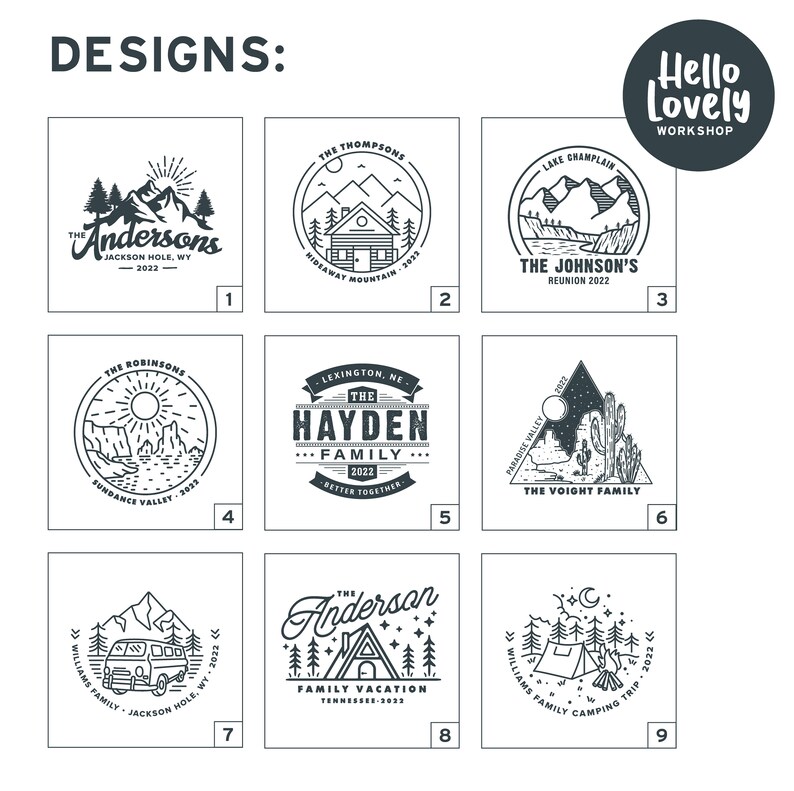 May include: Nine black and white illustrations of different family vacation logos. Each logo features a mountain scene with a cabin, a van, a tent, or a campfire. The logos also include the family name, location, and year.