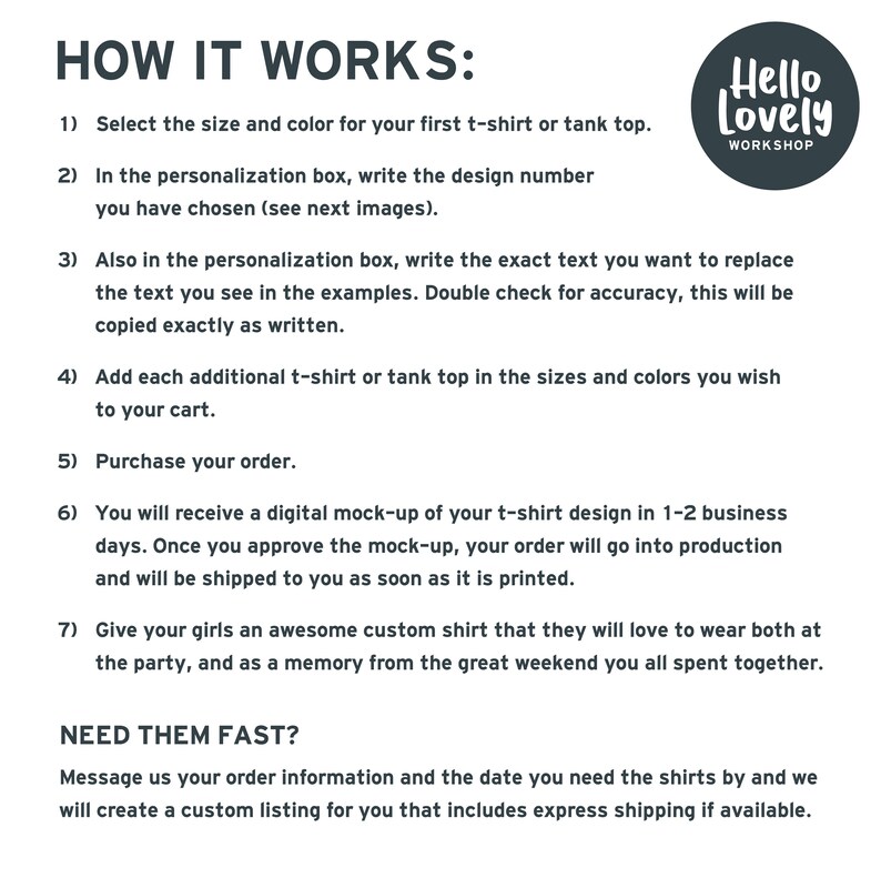 May include: How it works: A step-by-step guide for ordering custom t-shirts and tank tops. The text includes information about selecting sizes, colors, and designs, as well as details about the production and shipping process. The text also includes a section titled "Need them fast?" with instructions on how to request express shipping.