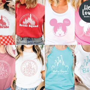 May include: Eight different t-shirt designs featuring a white silhouette of Cinderella's castle with text that says "Happily Ever After", "The Bride", "Bride Squad", "Sarah's Bachelorette", "Julie's Bachelorette", "Bride Squad", and "The Bride".