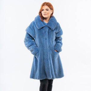 Blue real mink fur coat, detachable sleeves, big lapel. Winter coat, women&#39;s outerwear. Full skin mink fur vest. Luxury fur gift for her.