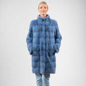 Real mink fur coat in blue color. High neck collar, detachable 3/4 sleeves. Full skin mink fur stroller, winter coat. Luxury gift for her