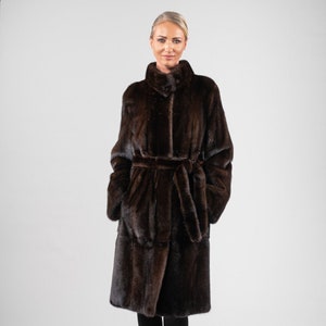 Long dark brown saga mink fur coat with belt. Full skin real mink fur stroller. Winter women fur coat , custom made. Luxury genuine fur gift