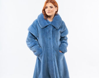 Blue real mink fur coat, detachable sleeves, big lapel. Winter coat, women's outerwear. Full skin mink fur vest. Luxury fur gift for her.