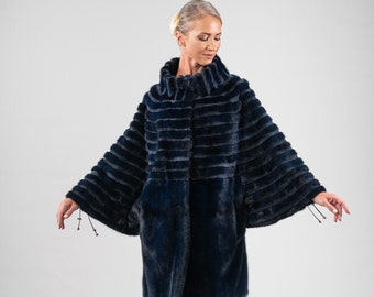 Impressive ONE SIZE navy-blue saga mink fur coat with bat sleeves. Full skin real mink fur, modern winter women's coat. Luxury gift for her.