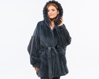 Navy blue mink fur coat with hood and leather belt. Warm full skin real mink fur stroller. Winter women's coat, fur outerwear. Gift for her.