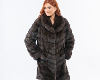 Canada real sable fur coat with big fold out lapels. Brown sable overcoat. Winter long line sable fur coat. Luxury fur gift for her.