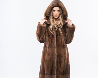 Hooded brown saga long line mink fur coat. Overcoat, warm coat, full skin real mink fur coat. Winter women coat ,luxury fur gift for her.
