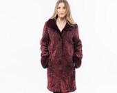 Burgundy genuine astrakhan fur coat with real mink details on the collar and cuffs. Winter women clothing, women fur coat, custom size gift.
