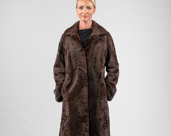 Long brown real astrakhan fur coat with mink details on the cuffs, collar and big lapel. Winter fur coat, custom size. Fur gift for women.